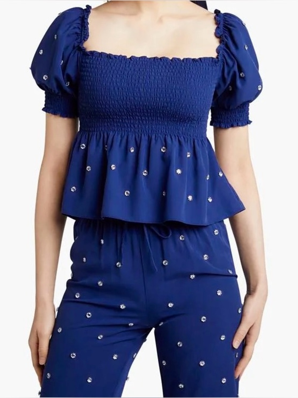 Hill House Home Jewel Jammie Top Navy Crystal Smocked Size Small